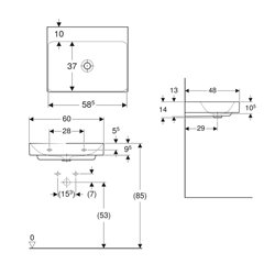 Lavabo ONE 60 cm sans trou de robinetterie sortie verticale
