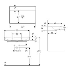 Lavabo ONE 75 cm sans trou de robinetterie sortie verticale