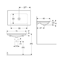Lavabo ONE 75 cm sans trou de robinetterie sortie verticale