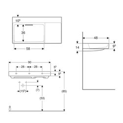 Lavabo ONE 90 cm sans trou de robinetterie horizontale