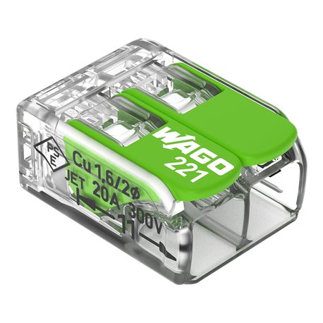 Lot de 100 Bornes de raccordement avec levier 221-422 tous conducteurs max 4 mm² 2 fils Vert