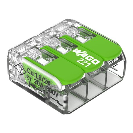 Lot de 50 Bornes de raccordement avec levier 221-423 tous conducteurs max 4 mm² 3 fils Vert