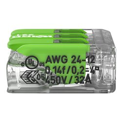 Lot de 50 Bornes de raccordement avec levier 221-423 tous conducteurs max 4 mm² 3 fils Vert