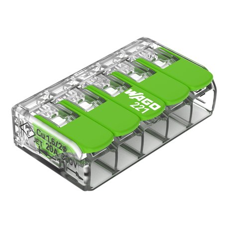 Lot de 25 Bornes de raccordement avec levier 221-425 tous conducteurs max 4 mm² 5 fils Vert