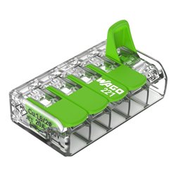 Lot de 25 Bornes de raccordement avec levier 221-425 tous conducteurs max 4 mm² 5 fils Vert