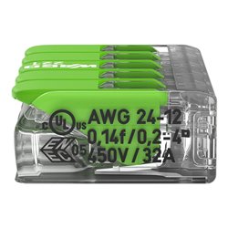 Lot de 25 Bornes de raccordement avec levier 221-425 tous conducteurs max 4 mm² 5 fils Vert