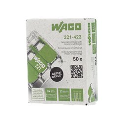 Lot de 50 Bornes de raccordement avec levier 221-423 tous conducteurs max 4 mm² 3 fils Vert