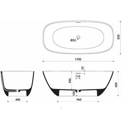 Baignoire Ellipse 170x82 cm, Blanc Brillant avec siphon PW64017003001