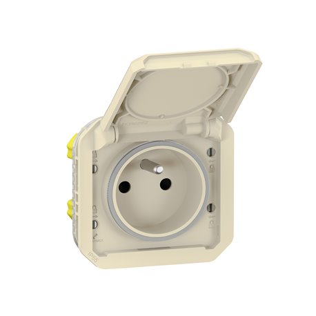 Prise de courant 2P+T étanche Plexo 16A 250V IP55 IK08 avec enjoliveur sable 069828L