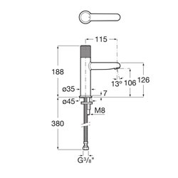 Mitigeur lavabo Nu version S corps lisse poignée cannelée chromé H 188 mm