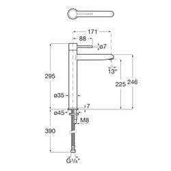 Mitigeur lavabo Nu version XL corps lisse avec flexibles poignée fine chromé H 295 mm