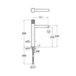 Mitigeur lavabo Nu version XL corps lisse poignée cannelée chromé H 308 mm