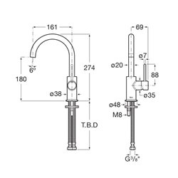 Mitigeur lavabo Nu version L avec poignée latérale corps lisse poignée fine chromé H 274 mm