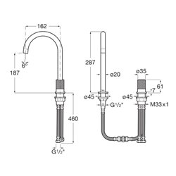 Mitigeur lavabo Nu version L 2 trous corps lisse avec flexible poignée cannelée chromé H 287 mm