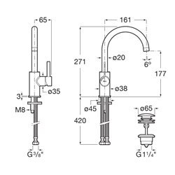 Mitigeur lavabo Ona version L avec poignée latérale corps lisse noir mat H 271 mm
