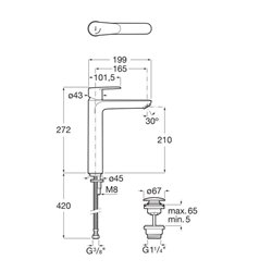 Mitigeur lavabo Victoria plus version XL avec clic-clac cold start chromé H 272 mm