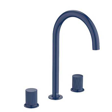 Mélangeur lavabo Nu pour version L 3 trous corps lisse poignées cannelées bleu cobalt H 287 mm