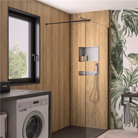 Panneau de douche renforcé Integra Premium 100x250 cm chêne antique - profilé noir intense grainé Panneau de douche renforcé Integra Premium 100x250 cm chêne antique - profilé noir intense grainé