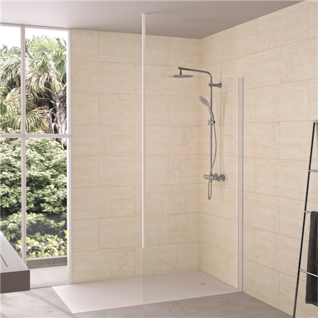 Paroi de douche Solo 6+ transparent 90 cm H.200 cm profilé blanc grainé Mât fixation plafond Paroi de douche Solo 6+ transparent 90 cm H.200 cm profilé blanc grainé Mât fixation plafond