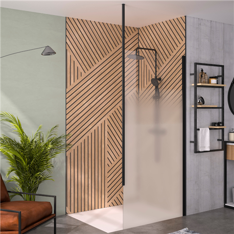 Paroi de douche Solo 6+ sérigraphie Cosmos XL 120 cm H.200 cm profilé noir mat Mât fixation plafond Paroi de douche Solo 6+ sérigraphie Cosmos XL 120 cm H.200 cm profilé noir mat Mât fixation plafond