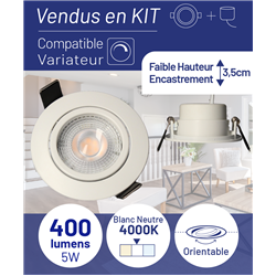 Spot LED encastrable SPT202 Orient. TRIAC MODUL 5 Watts/4000K/420 Lm Ø82 mm Blanc ARCHI