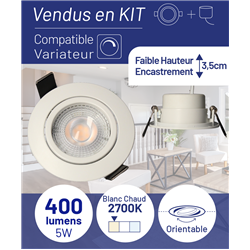Spot LED encastrable SPT202 Orient. TRIAC MODUL 5 Watts/2700K/400 Lm Ø82 mm Blanc ARCHI
