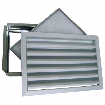 Grille extérieure + porte-filtre + filtre aluminium à ailettes horizontales fixes GRE/FP