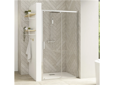 Porte de douche avec 1 volet coulissant Smart design C extensible avec seuil profilé blanc et verre transparent 970-1100 mm