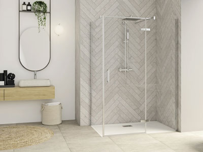 Porte de douche Smart Design P Charnières + F Sans seuil en angle verre transparent 80 cm profilé Blanc