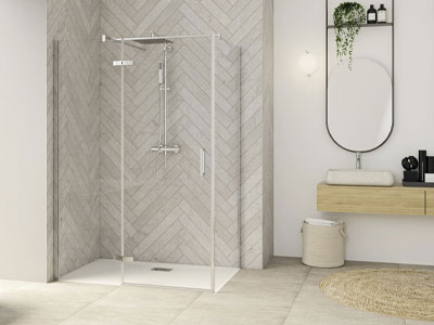 Porte de douche Smart Design P Charnières + F Sans seuil en angle verre transparent 80 cm profilé Blanc