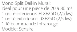Climatiseur Mural Sensira FTXF-D, 2,5 kWatts