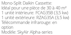 Climatiseur Cassette SkyAir Alpha-series 3,5 kWatts Monophasé