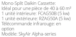 Climatiseur Cassette SkyAir Alpha-series 5 kWatts Monophasé