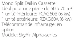 Climatiseur Cassette SkyAir Alpha-series 6 kWatts Monophasé
