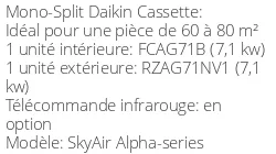 Climatiseur Cassette SkyAir Alpha-series 6,8 kWatts Monophasé