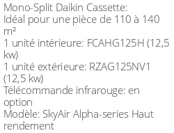 Climatiseur Cassette SkyAir Alpha-series Haut rendement 12,1 kWatts Monophasé HR