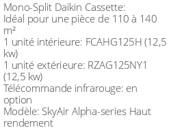 Climatiseur Cassette SkyAir Alpha-series Haut rendement 12,1 kWatts Triphasé HR