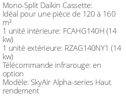 Climatiseur Cassette SkyAir Alpha-series Haut rendement 13,4 kWatts Triphasé HR