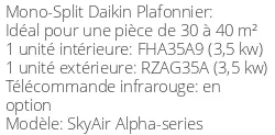 Climatiseur Plafonnier SkyAir Alpha-series 3,5 kWatts Monophasé