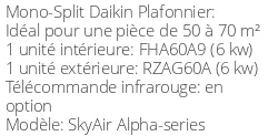 Climatiseur Plafonnier SkyAir Alpha-series 6 kWatts Monophasé