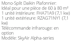 Climatiseur Plafonnier SkyAir Alpha-series 6,8 kWatts Triphasé