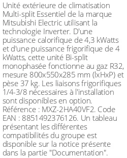 Unité extérieure Multi-split Essentiel 4.3 kWatts 2 sorties - R32 - Mitsubishi Electric - Réf : MXZ-2HA40VF2