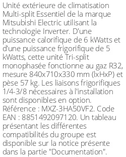 Unité extérieure Multi-split Essentiel 6 kWatts 3 sorties - R32 - Mitsubishi Electric - Réf : MXZ-3HA50VF2
