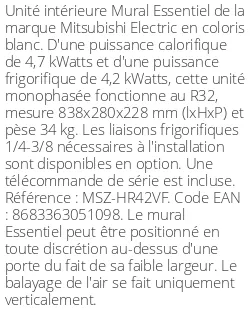 Split mural Essentiel - 4.7 kWatts - R32 - Mitsubishi Electric - Réf : MSZ-HR42VF