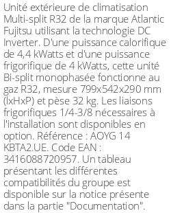 Unité extérieure Multi-split 4,4 kWatts 2 sorties - R32 - Atlantic Fujitsu - Réf : AOYG 14 KBTA2.UE