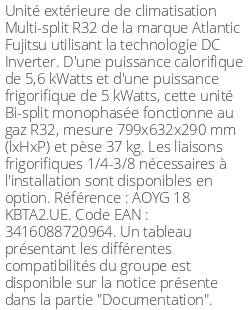 Unité extérieure Multi-split 5,6 kWatts 2 sorties - R32 - Atlantic Fujitsu - Réf : AOYG 18 KBTA2.UE