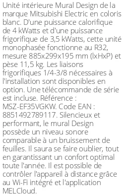 Split mural Design - 4 kWatts Blanc - R32 - Mitsubishi Electric - Réf : MSZ-EF35VGKW