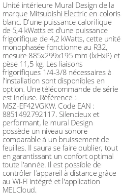 Split mural Design - 5.4 kWatts Blanc - R32 - Mitsubishi Electric - Réf : MSZ-EF42VGKW