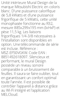 Split mural Design - 5.8 kWatts Blanc - R32 - Mitsubishi Electric - Réf : MSZ-EF50VGKW