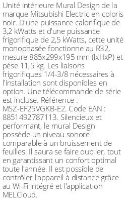 Split mural Design - 3.2 kWatts Noir - R32 - Mitsubishi Electric - Réf : MSZ-EF25VGKB-E2